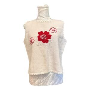 Vintage 90s Floral Knit Sweater Tank Small White Red Sleeveless Kawaii Soft Girl